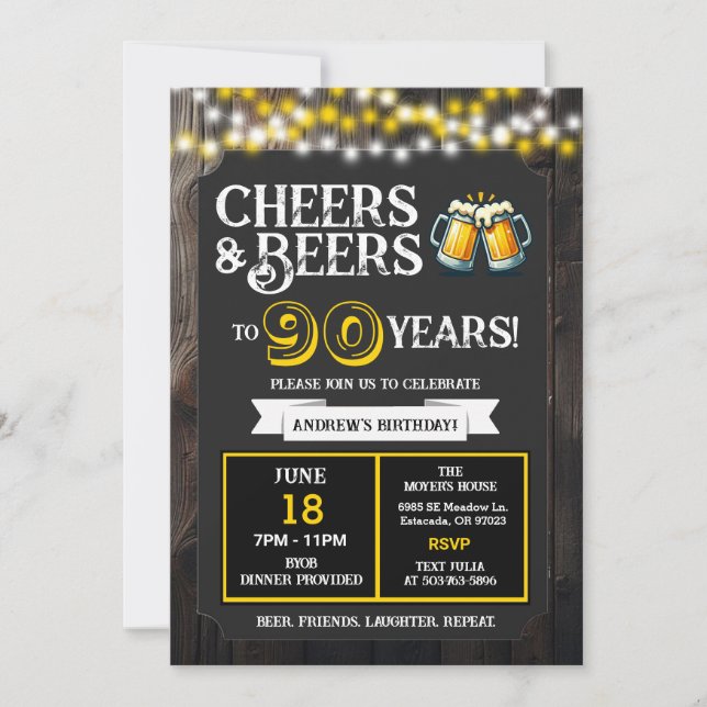 Invitation Cheers and Beers to 90 Years Backyard BBQ Birthday (Devant)