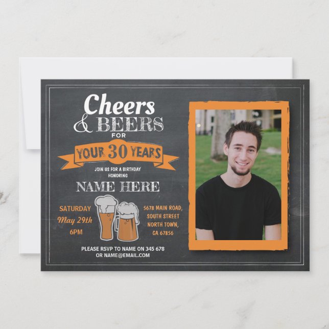 Invitation Cheers & Beers Birthday Photo Chalk Men (Devant)