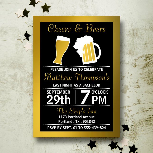 Invitation Cheers & Beers Black & Gold Enterrement de Vie de  (Créateur téléchargé)