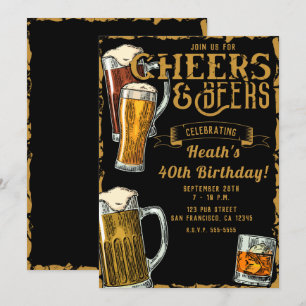 Invitation Cheers & Beers Gold Black Pub Bar Anniversaire
