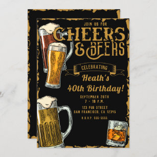 Invitation Cheers & Beers Gold Black Pub Bar Anniversaire