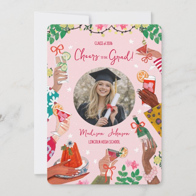 Invitation Cheers Grad Doodle Photo Graduation Announcement (Devant)