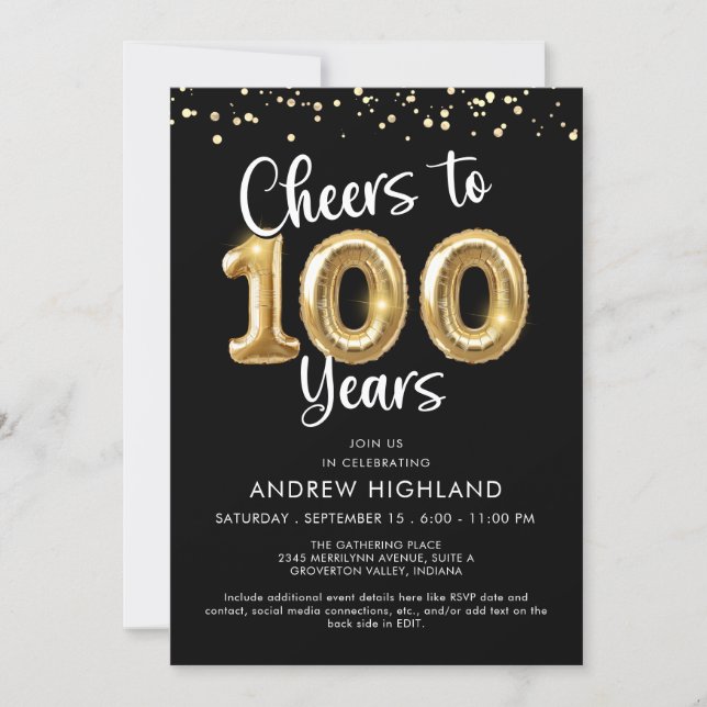 Invitation Cheers to 100 Years Gold Balloon Numbers Black (Devant)