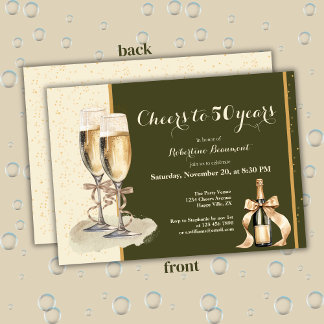 Invitation Cheers to 50 Years Cream Green Champagne Birthday