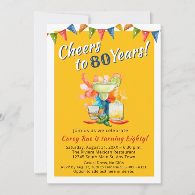 Invitation Cheers to 80 Years Modern 80th Birthday  Fiesta (Devant)