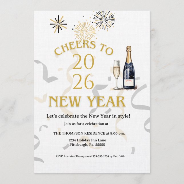 Invitation Cheers to New Year Party Gold (Devant)