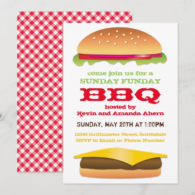 Invitation Cheeseburger de BBQ de dimanche Funday (Devant / Derrière)