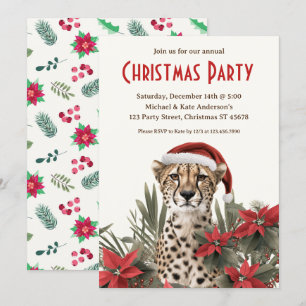 Invitation Cheetah dans le Santa Hat Poinsettias fête de Noël
