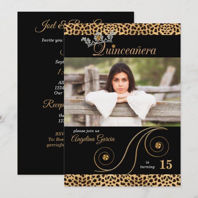 Invitation Cheetah d'or et noir Imprimer Quinceanera Party (Devant / Derrière)