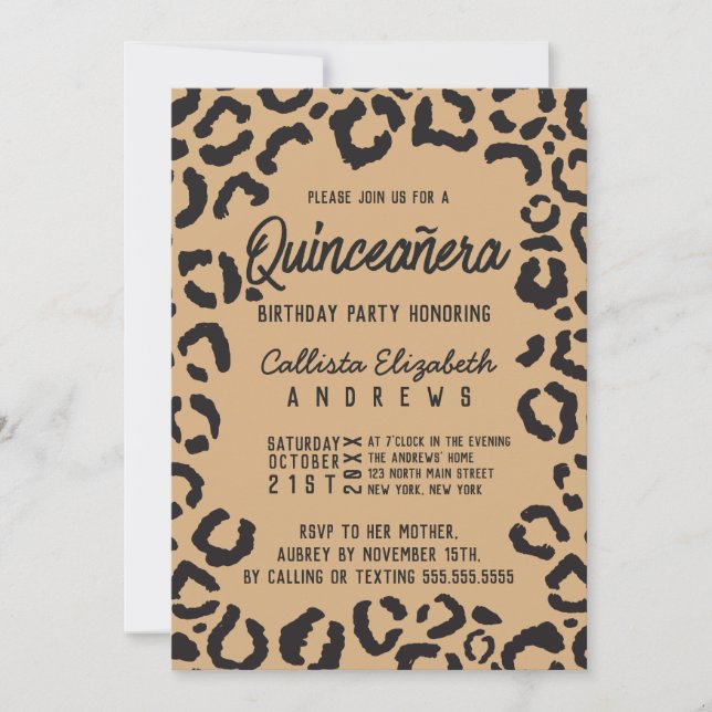 Invitation Cheetah Leopard Quinceañera en or noir moderne (Devant)
