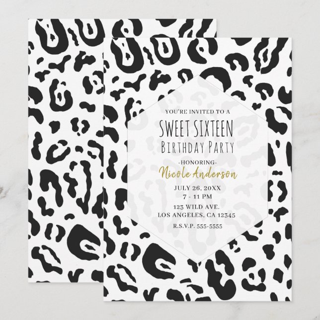 Invitation Cheetah noir & blanc Leopard Sweet 16 Party (Devant / Derrière)