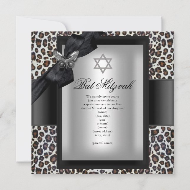 Invitation Cheetah Papillon Noir Bat Mitzvah (Devant)
