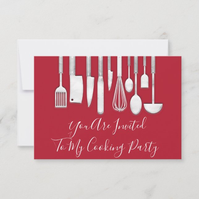 Invitation Chef de cuisine de fête de cuisine Blanc Gris Roug (Devant)