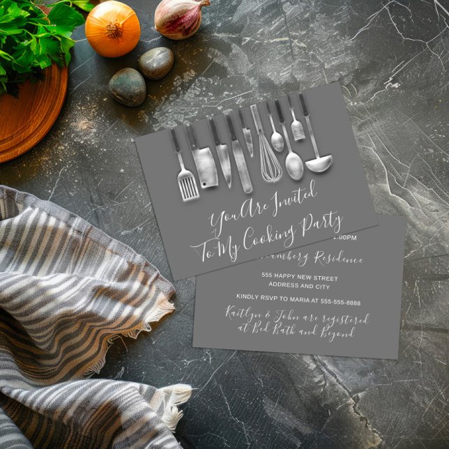 Invitation Chef de fête de cuisine Argent Gris Blanc (Cooking Party Chef Kitchen White Gray Silver Invitation)