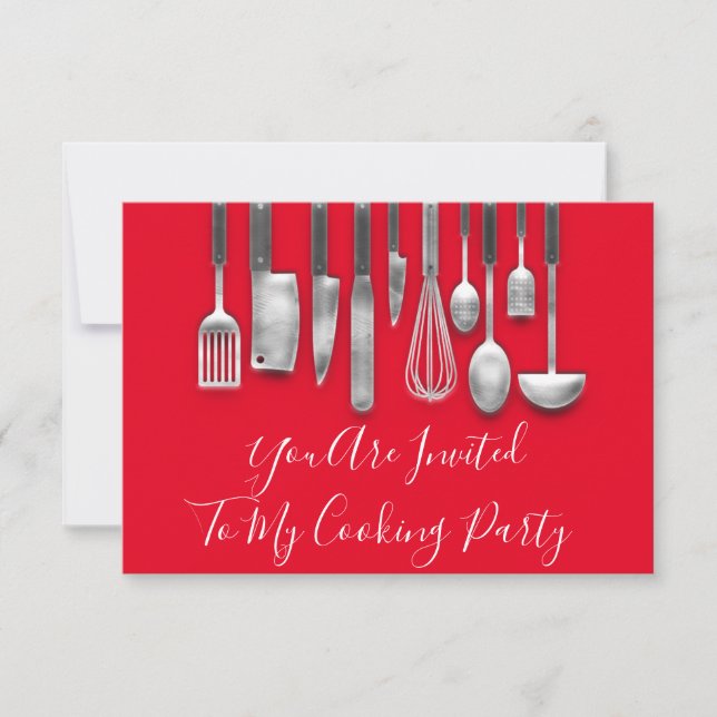 Invitation Chef de fête de cuisine Blanc Gris Rouge (Devant)