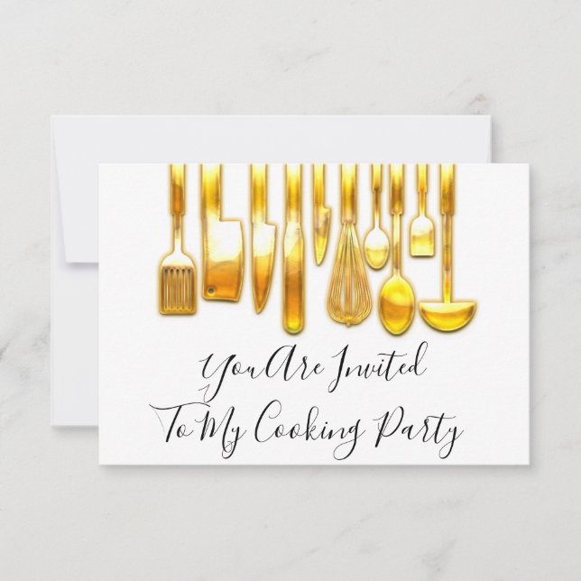 Invitation Chef de fête de cuisine dorée blanche  (Devant)
