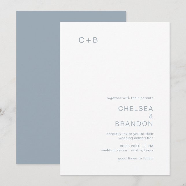 Invitation Chelsea Dusty Blue Mariage moderne (Devant / Derrière)