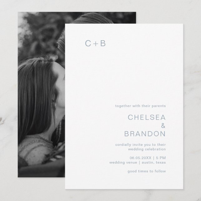 Invitation Chelsea Dusty Blue Mariage moderne (Devant / Derrière)