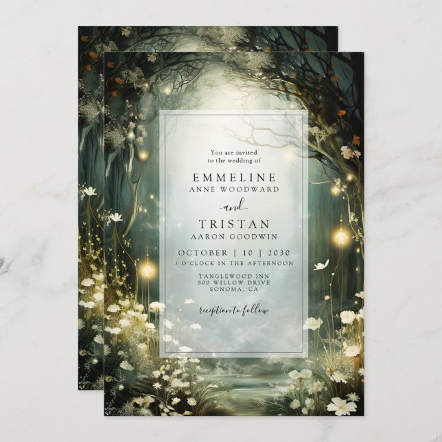 Invitation Chemin De Forêt Enchantée De Fleurs Mariage Vert (Devant / Derrière)