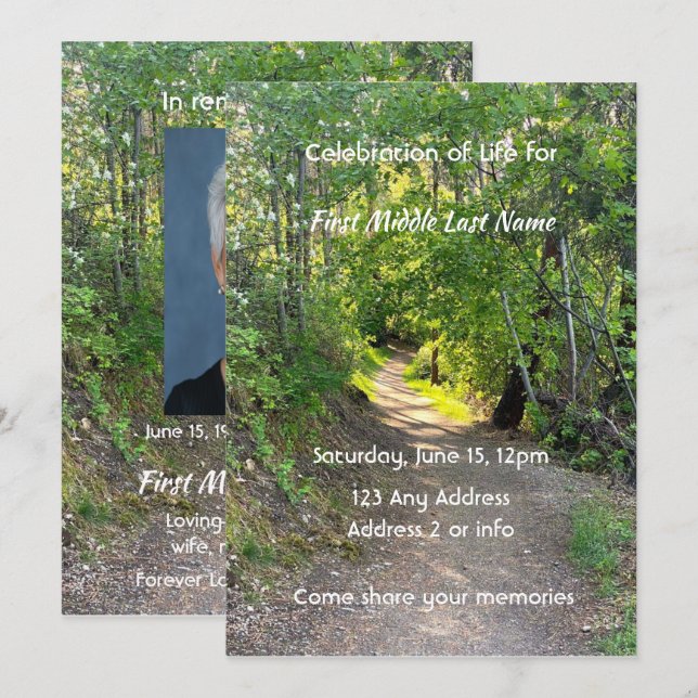 Invitation Chemin de prière photo commémorative sentier forêt (Devant / Derrière)