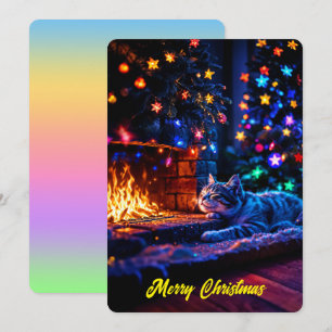Invitation Cheminée cosy chat mignon Joyeux Noël