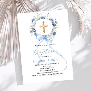 Invitation Chemise fleurie bleue garçon arc croix baptême