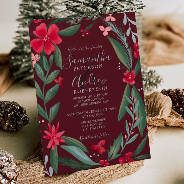 Invitation Chemise fleurie rouge motif mariage d'hiver (Red green floral wreath pattern winter wedding invitation )