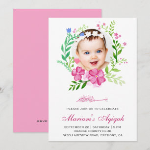 Invitation Chemise rose Floral Photo Bébé Fille Aqiqah