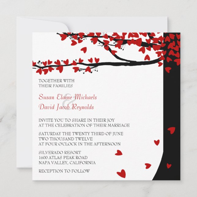 Invitation Chêne noir rouge en baisse de coeurs (Devant)