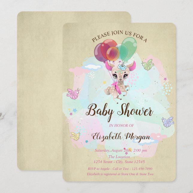 Invitation Cher bébé adorable, ballons, Baby Shower Papillon (Devant / Derrière)
