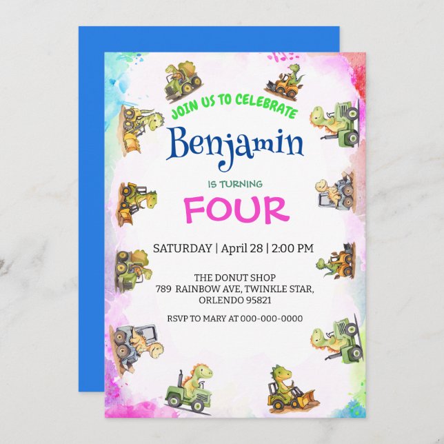 Invitation Cher Dinosaure tracteur Rainbow B2S School Anniver (Devant / Derrière)