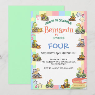 Invitation Cher Dinosaure tracteur Rainbow B2S School Anniver