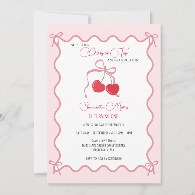 Invitation Chercher sur le dessus Bow rose 1er anniversaire (Devant)