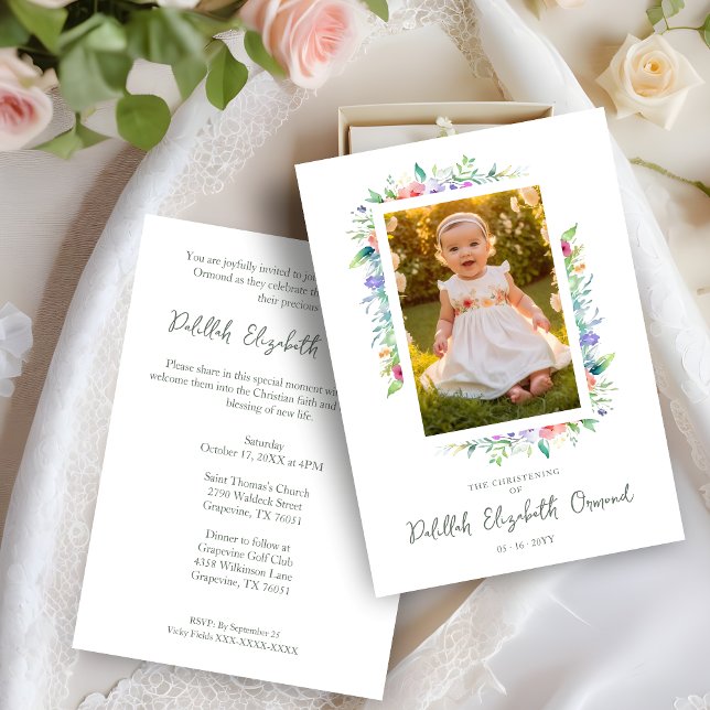 Invitation Cherish Cute Floral Frame Christening Photo  (Cherish Cute Floral Frame Christening Photo Invitation Card.)