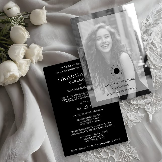 Invitation Cherish Exquisite Delicate Minimalist Black White (Cherish Exquisite Delicate Minimalist Black & White Photo with Vellum Translucent Effect Graduation.)