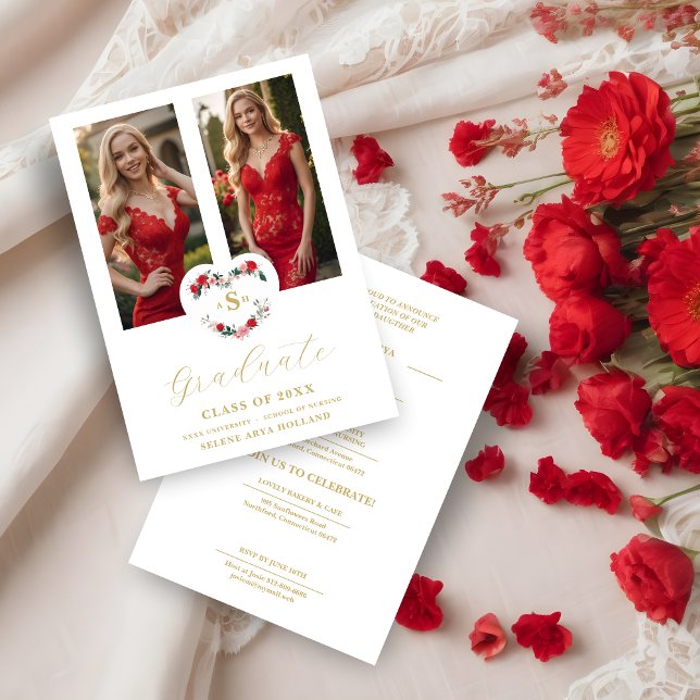 Invitation Cherish  Floral Heart Initials Graduate 2 Photos (Cherish Romantic Floral Heart Initials Graduate 2 Photos Invitation Card. )