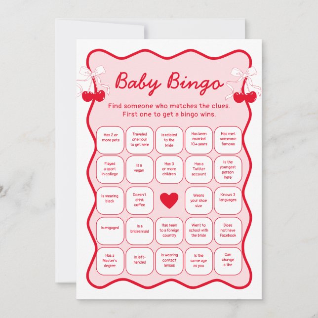 Invitation Cherry Baby Shower Find the Guest Bingo Game Card (Devant)