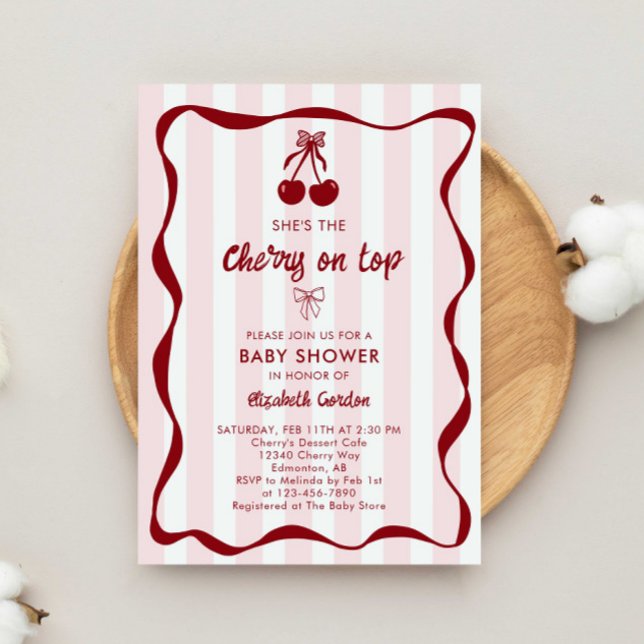 Invitation Cherry Baby Shower Sweet Pink Stripes Cute Bow (Créateur téléchargé)