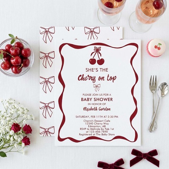Invitation Cherry Baby Shower Sweet Pink Stripes Cute Bow (Créateur téléchargé)