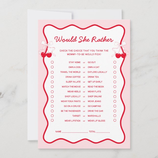 Invitation Cherry Baby Shower Would She Rather Game Card (Devant)