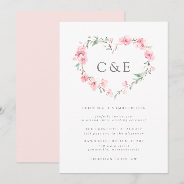 Invitation Cherry Blossom Botanical Heart Monogram Mariage (Devant / Derrière)