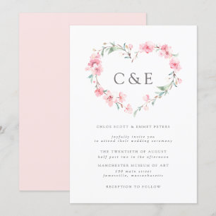 Invitation Cherry Blossom Botanical Heart Monogram Mariage