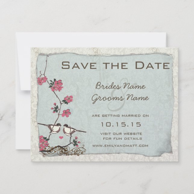Invitation Cherry Blossom Chickadee Damask Enregistrer la dat (Devant)