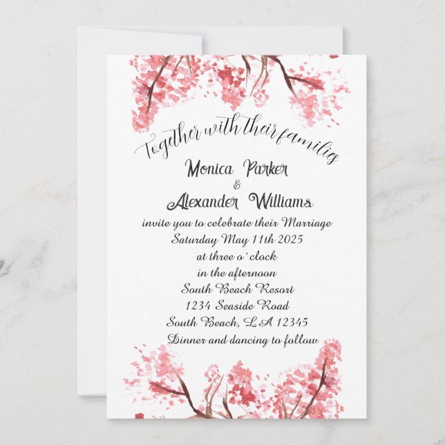 Invitation Cherry Blossom Japonais Sakura Mariage rose (Devant)