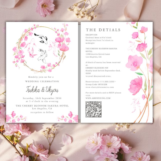 Invitation Cherry Blossom Koi Fish QR Code All In One Wedding (Créateur téléchargé)