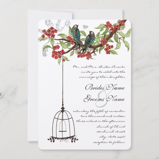 Invitation Cherry Blossom Oiseaux romantiques et Mariages de  (Devant)