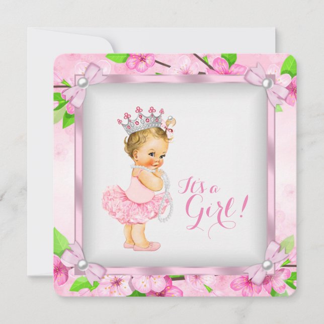 Invitation Cherry Blossom Pearl Girls Tutu Baby shower (Devant)