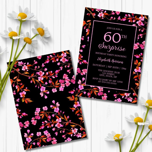 Invitation Cherry Blossom Sakura Surprise Black Anniversaire (Créateur téléchargé)
