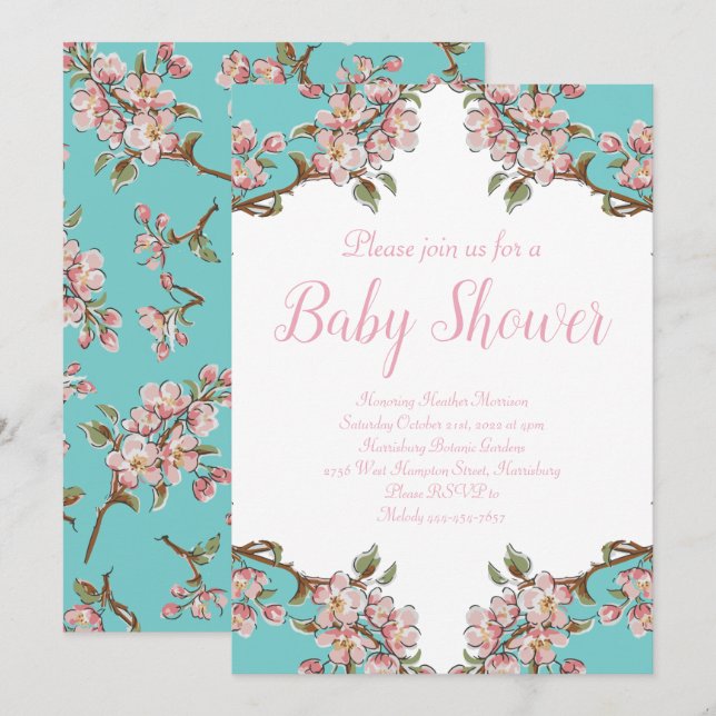 Invitation Cherry Blossom Turquoise Baby shower Vintage rétro (Devant / Derrière)