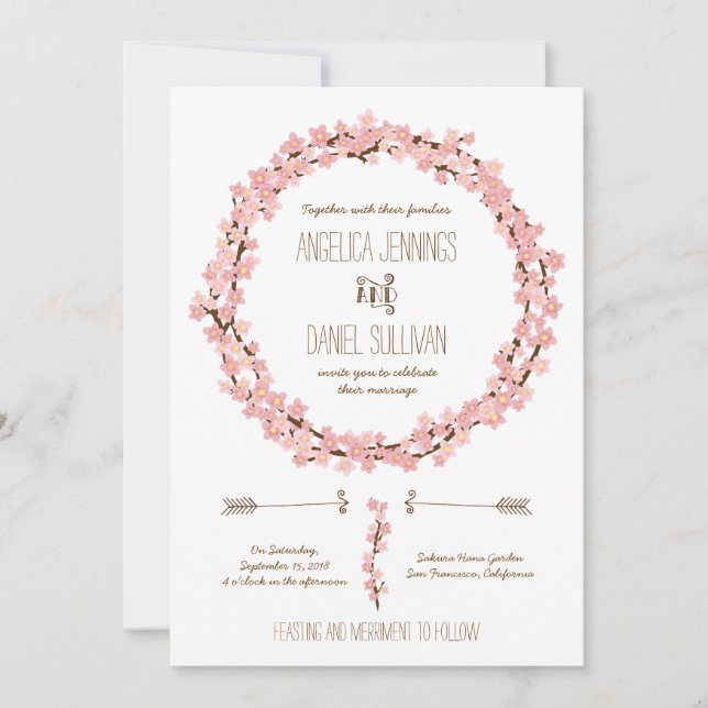 Invitation Cherry Blossom Wreath Boho Mariage rustique (Devant)
